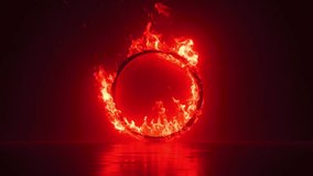 Burning fire ring glowing against dark background with reflections. Cinematic motion footage of dynamic flame circle. - Powered by Shutterstock - Get 15% off with code: PIKWIZARD15