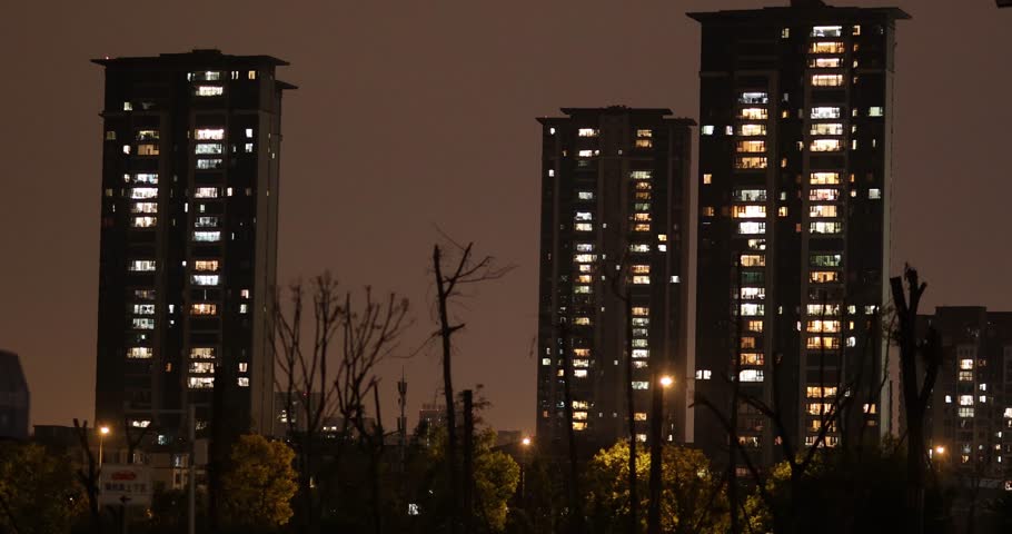 Night apartment buildings in Chengdu city, China