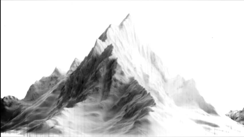 A black and white of a snow-covered mountain, great for use in winter-themed designs or as a symbol of serenity.. Retro video.