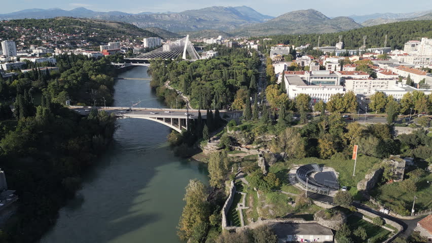 A picturesque panorama of Podgorica, the capital and most populous city in Montenegro. Aerial video.