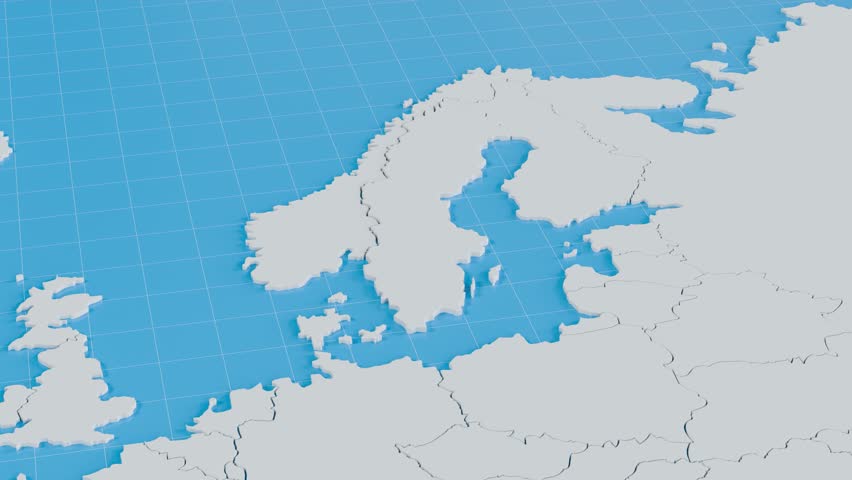 3D motion render of Europe map where Sweden is highlighted with national flag colors. A location pin smoothly appears, symbolizing travel or focus on destination.