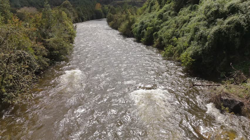 Fast Drone Flight Upstream Over River Tilting Up to Mountain Horizon in Patagonia