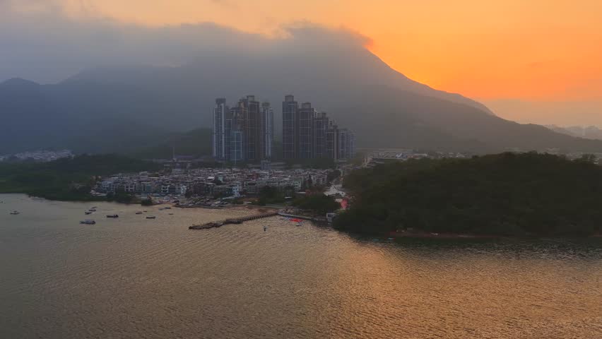 Hong Kong New Territories Sha Tin Ma On Shan Wu Kai Sha Sai Sha Coastal Beach New Town Neighboring Village Development Housing Construction Outdoor Sports Environmental Greening Park Facilities, Aerial drone sunset dust gloaming skyview