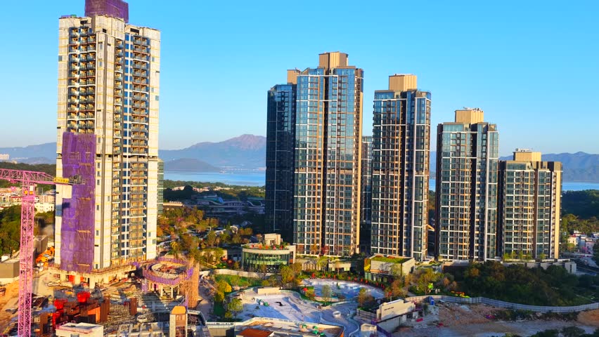 Hong Kong New Territories Sha Tin Ma On Shan Wu Kai Sha Sai Sha Coastal Beach New Town Neighboring Village Development Housing Construction Outdoor Sports Environmental Greening Park Facilities, Aerial drone sunset dust gloaming skyview