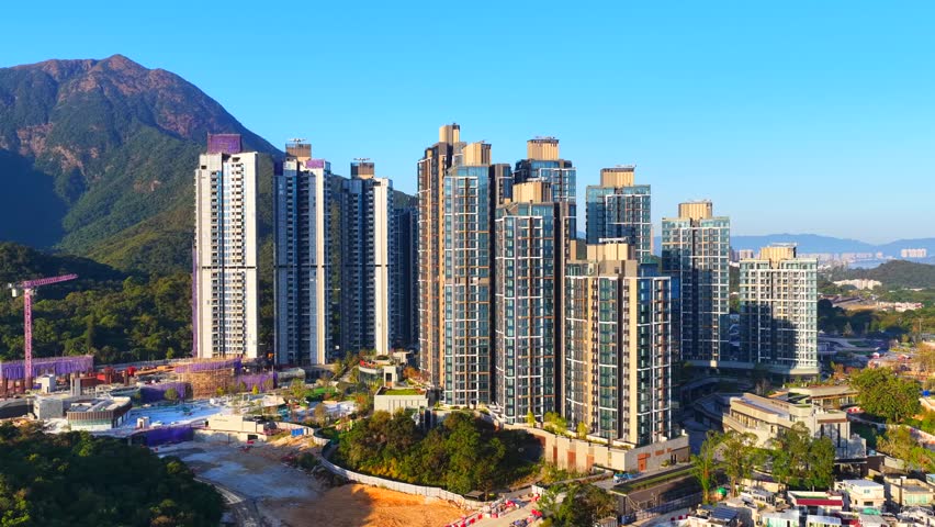 Hong Kong New Territories Sha Tin Ma On Shan Wu Kai Sha Sai Sha Coastal Beach New Town Neighboring Village Development Housing Construction Outdoor Sports Environmental Greening Park Facilities, Aerial drone sunset dust gloaming skyview