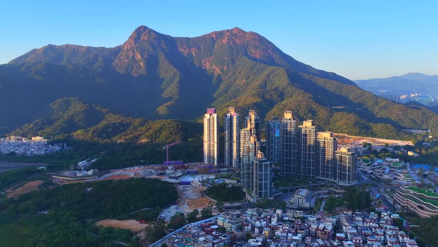 Hong Kong New Territories Sha Tin Ma On Shan Wu Kai Sha Sai Sha Coastal Beach New Town Neighboring Village Development Housing Construction Outdoor Sports Environmental Greening Park Facilities, Aerial drone sunset dust gloaming skyview