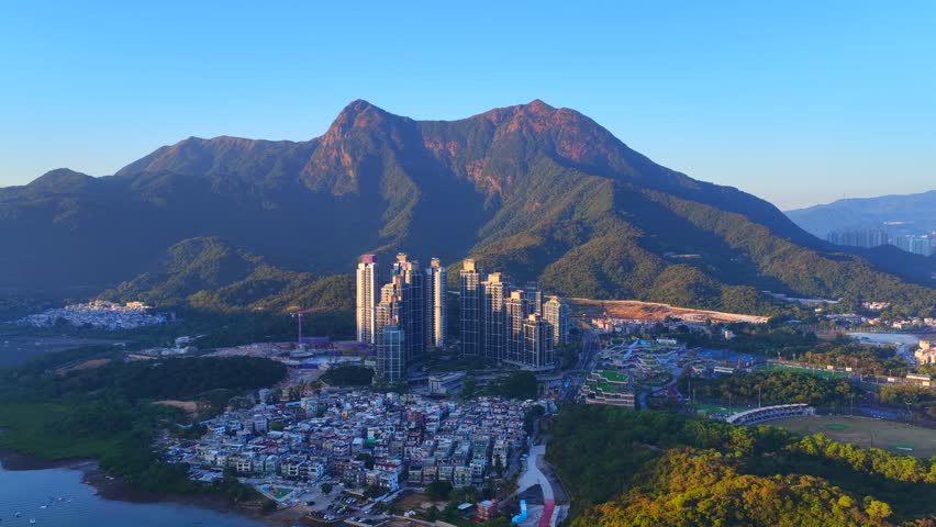 Hong Kong New Territories Sha Tin Ma On Shan Wu Kai Sha Sai Sha Coastal Beach New Town Neighboring Village Development Housing Construction Outdoor Sports Environmental Greening Park Facilities, Aerial drone sunset dust gloaming skyview
