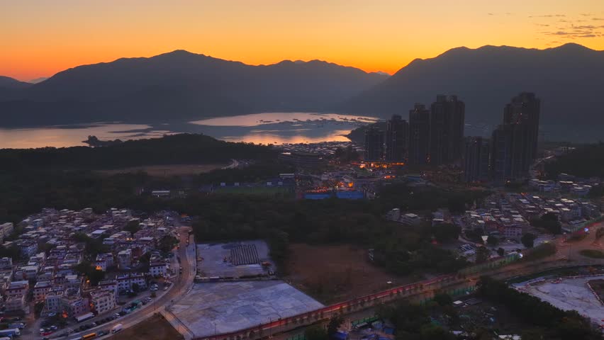 Hong Kong New Territories Sha Tin Ma On Shan Wu Kai Sha Sai Sha Coastal Beach New Town Neighboring Village Development Housing Construction Outdoor Sports Environmental Greening Park Facilities, Aerial drone sunset dust gloaming skyview