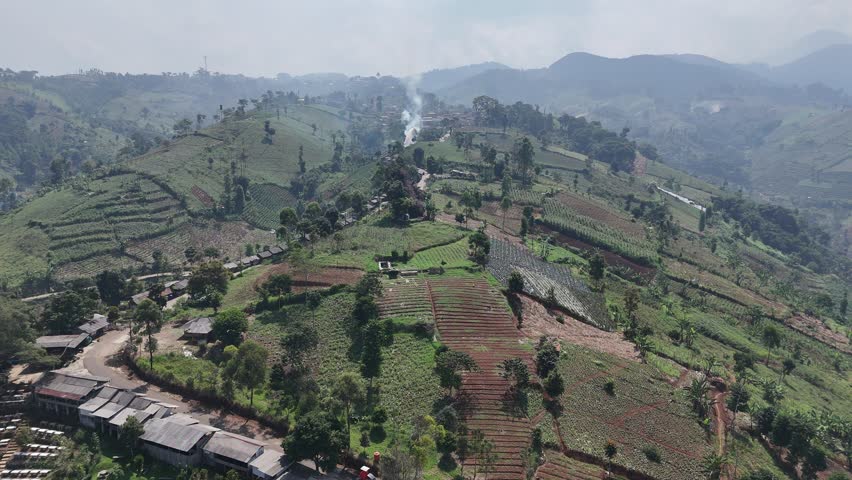 Aerial view of green hills and gardens in rural landscape.