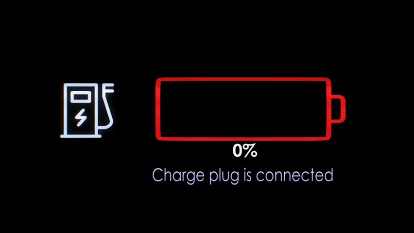 Electric car charging animation showing battery indicator progress increasing to 100 percent, clean energy, electric vehicle technology, and sustainability concept.