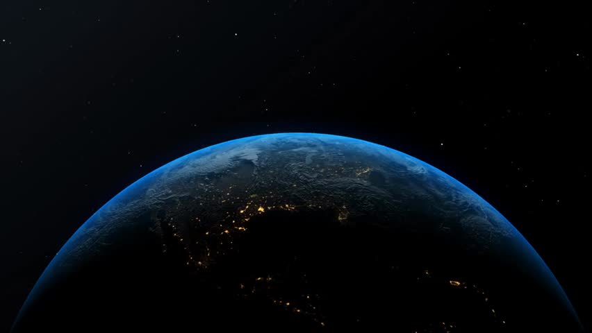 Ultra-realistic 3D animation of Earth from space, showing continents, oceans, and atmospheric details with a cosmic backdrop and planet visualization.
