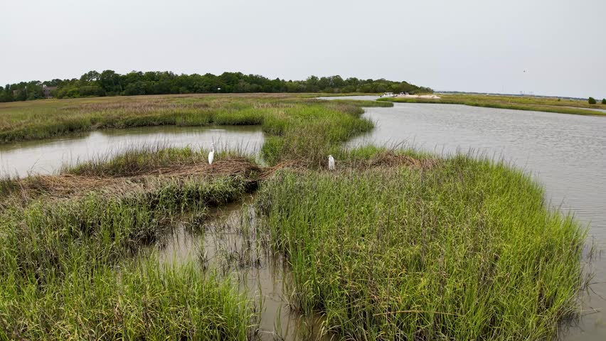 Aerial drone view of a marshy wetland with narrow water channels, grassy islands, and wading birds near Charleston, South Carolina.