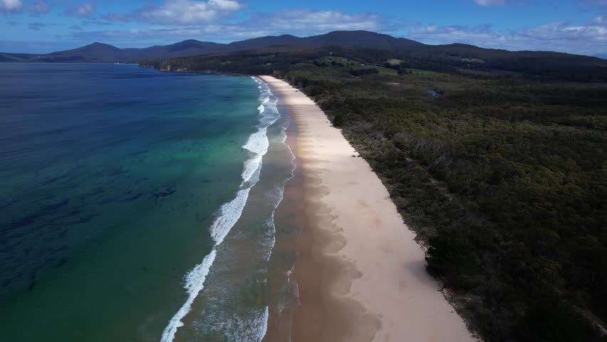 Scenic Beach And Lush Vegetation, Bruny Island, Tasmania, Australia - Drone Shot