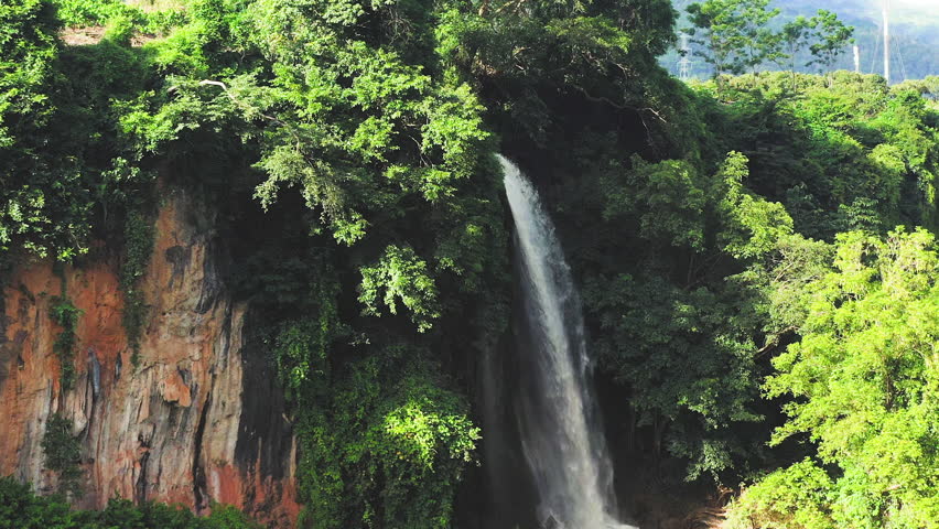 Natural Cascade Waterfall Surrounded by Jungle, Aerial View in Vietnam Moc Chau