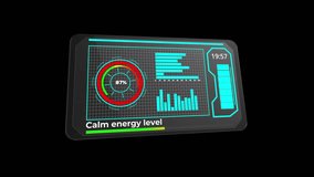 Futuristic HUD calm energy level interface with digital wellness indicators and data visualization dashboard for balance assessment, mental stability, relaxation analytics, and health monitoring systems - Powered by Shutterstock - Get 15% off with code: PIKWIZARD15
