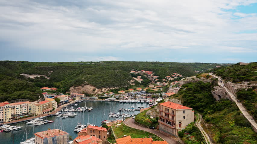 Panoramic view of the harbor in Bonifacio, Corsica, France.