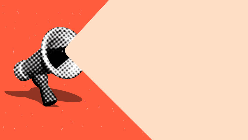 Halftone megaphone on orange background with copy space for quotes, titles. Swinging loudspeaker. Collage advertising for news, sales. Animation