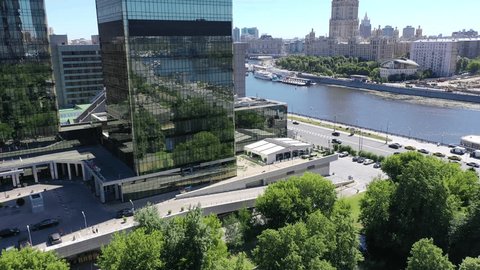 Moscow City Waterfront with Radisson Hotel Aerial View