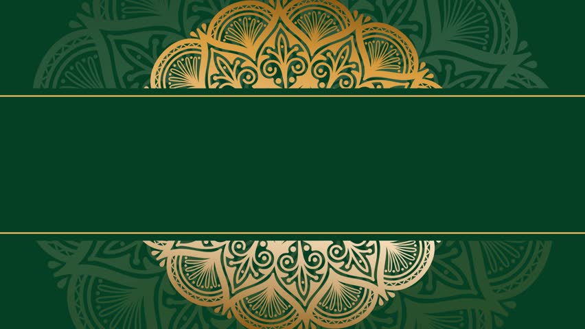 A beautiful and intricate mandala design in gold on a deep green background, featuring a central horizontal band for text or logos. Perfect for invitations, banners, and decorative purposes.