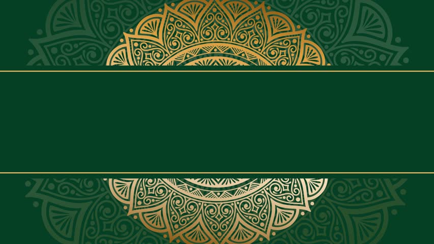 A beautiful and intricate green and gold mandala design with a central green banner for text. Perfect for invitations, banners, or decorative backgrounds.