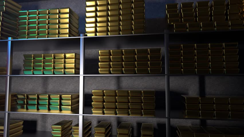 Generic gold reserve vault with stacks of gold bars. Bank vault with gold and cash. 3d rendering. 3D Illustration