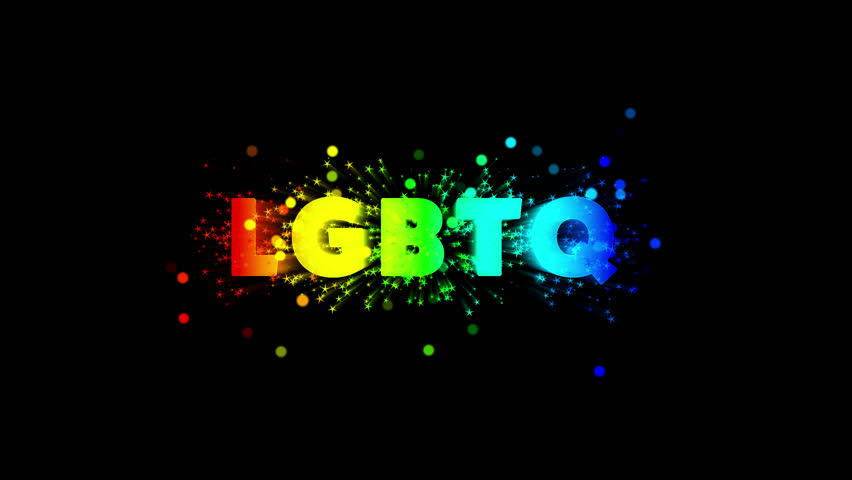 Set of 2 colorful "LGBTQ" 3D text animations with rainbow color gradients in X and Y direction, shimmering star particles and bokeh. Seamless loop, transparent background with alpha channel