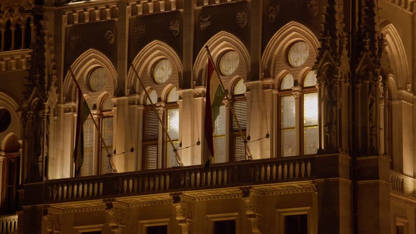 The Budapest Parliament Building Glows at Night in Budapest, Hungary - Close Up