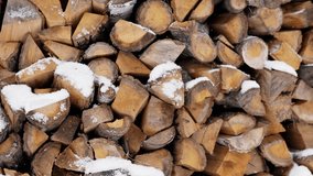 Snow Covered Stacked Firewood Pile In Rustic Outdoor Setting, Split Logs With Pale Bark Dusted With Fresh Snow, CloseUp Texture And Pattern, Evokes Cold Winter And Hearth Preparation - Powered by Shutterstock - Get 15% off with code: PIKWIZARD15