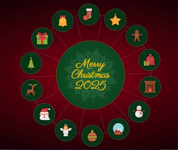 A high-quality, festive vector illustration designed for Merry Christmas 2025 celebrations. The centerpiece features an elegant, golden typography "Merry Christmas 2025" set against a deep forest green circular background decorated with a subtle snowflake mandala pattern. Surrounding the center are twelve circular icons arranged in a clock-like or zodiac formation, representing the countdown or the various symbols of the holiday season. The icons include a Christmas tree, a gift box, a jingle bell, a stocking, a star, a gingerbread man, Santa’s toy bag, a cozy fireplace, a snowman, a snow globe, a decorative bauble, an angel, Santa Claus, and a reindeer. The entire composition is set on a rich, textured burgundy red background, creating a warm and inviting atmosphere. This versatile graphic is perfect for holiday greeting cards, social media posts, seasonal marketing campaigns, invitations, and digital wallpaper.