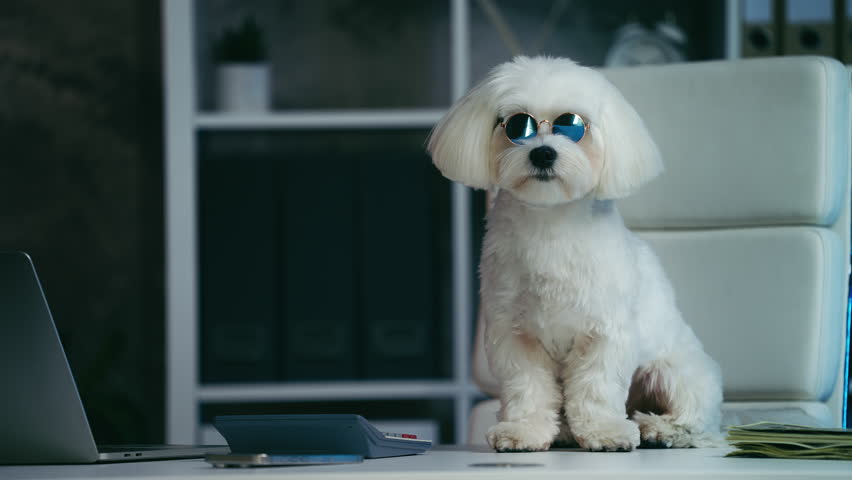 Cute dog wearing eyeglasses sitting at desk with calculator and cash, humor