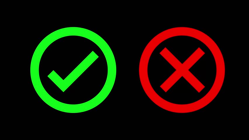 Animated check and cross symbols representing approval and rejection in 4k on black background