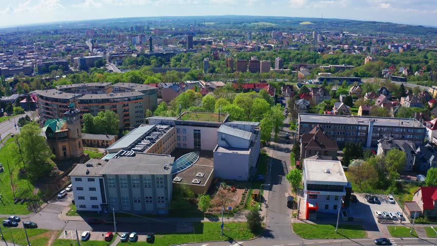 Wide drone shot of buildings in ostrava city center