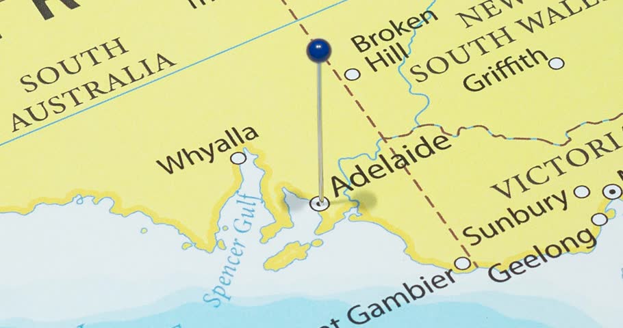 A zoom out of a blue pin into adelaide city of australia political map