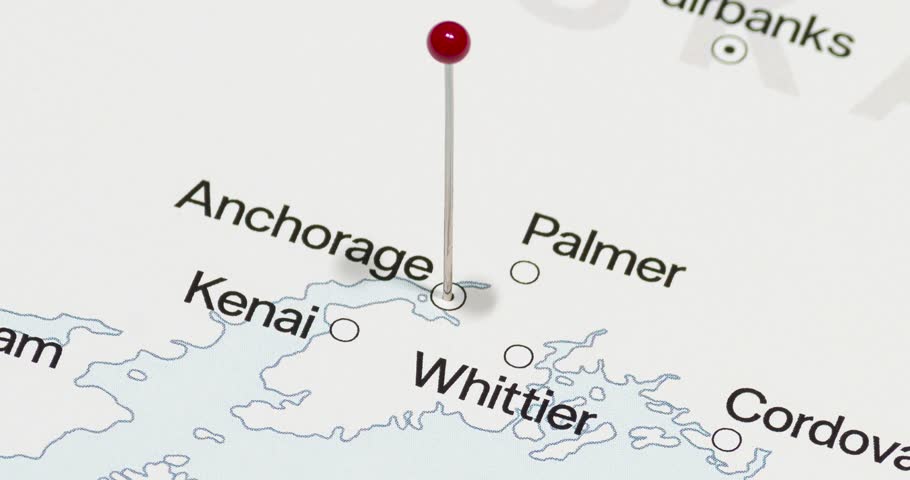 A zoom out of a red pin into Anchorage city of the united states of america political map