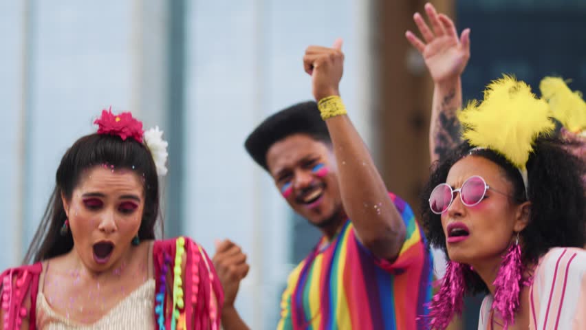 Excited Woman Dancing and Following Parade at Brazilian Carnival Celebration. Joyful Participant in Colorful Costume Enjoying Vibrant Carnaval Street Festivities Outdoors