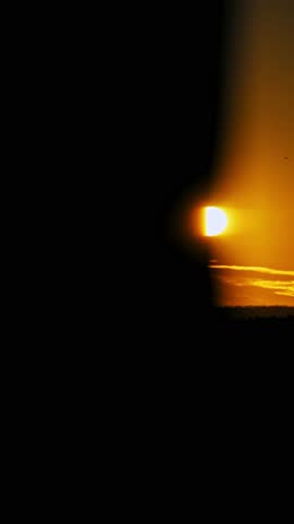 Bright sun sets over a silhouetted forest horizon with golden clouds. Camera pans right to reveal the landscape from behind a dark foreground element.