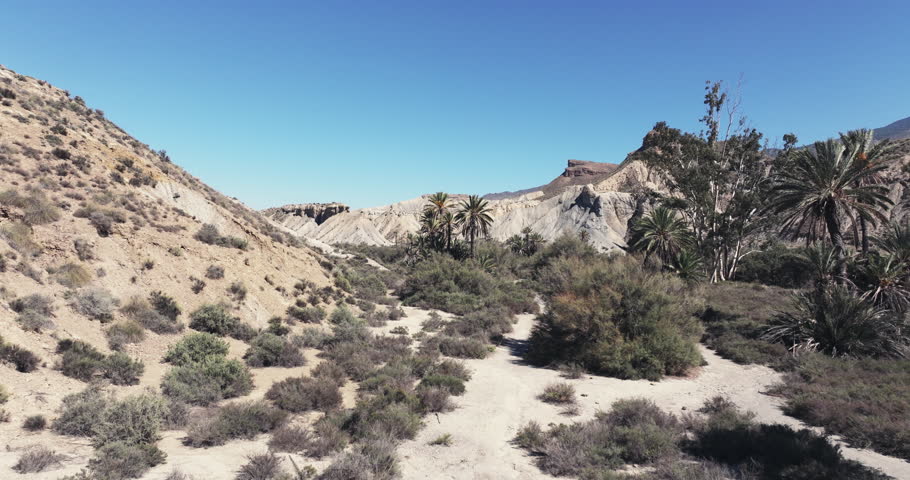 Cinematic aerial views of desert oasis, rugged desert hills and arid wilderness paths in the Tabernas Desert of Andalusia Spain, cinematic grading
