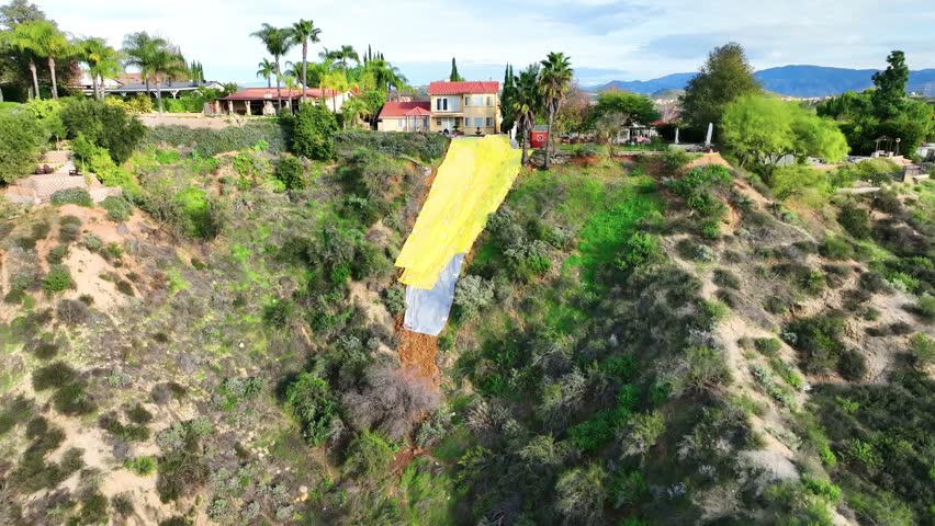 Homes destroyed by mud slides, Southern California, atmosphere river, rain, storm, tarps, aerial, landslide, 