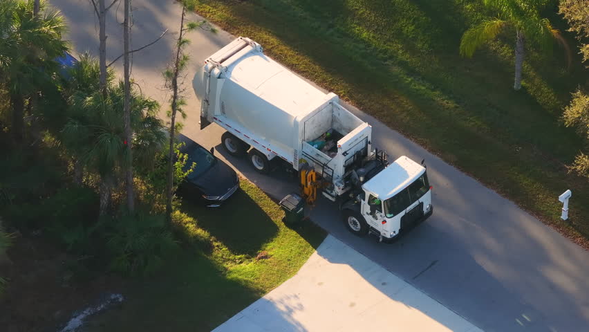 American garbage truck picking up trash bins on rural street side.
