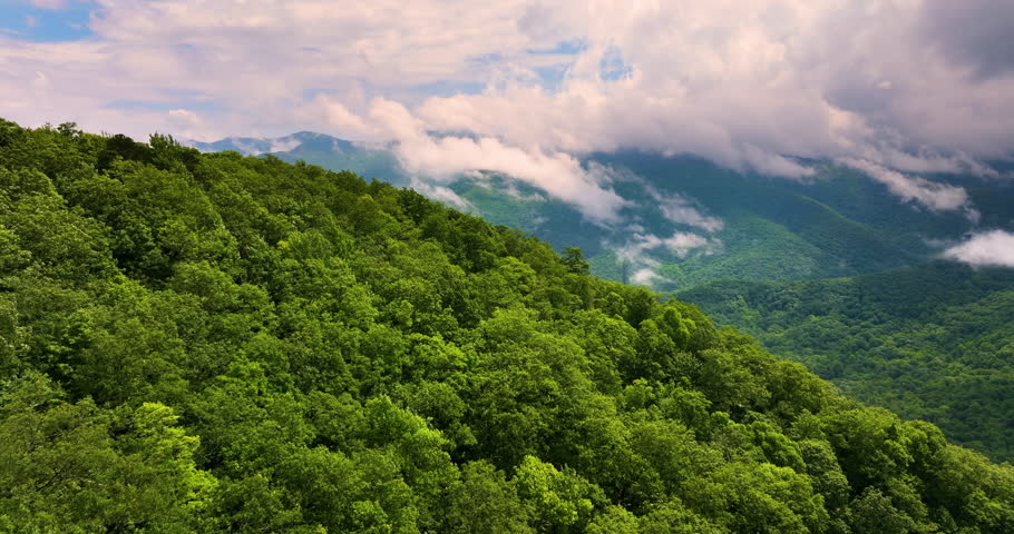 Great Smoky Mountains in summer rainy season. Mountain wooded hills in Tennessee Appalachians, USA.