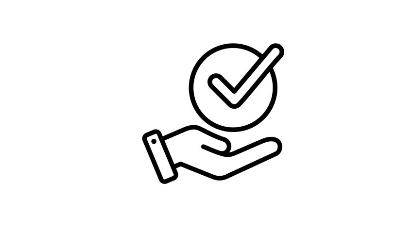 Animated convenience line icon with a hand receiving a cycle and checkmark animation, demonstrating ease of use and comfort. Outline style, isolated on a white background in 4K resolution.