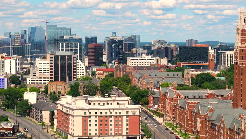 Nashville, Tennessee, USA. Aerial view of American downtown office district. High commercial and residential skyscraper buildings in modern US city.