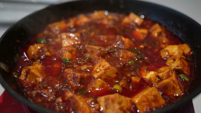 Bowl of Spicy Mapo Tofu with Meat Sauce, Szechuan-Style
