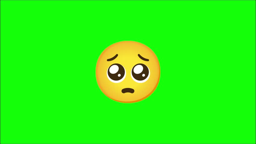 A high-quality flat vector illustration of a yellow emoji face isolated against a solid, bright lime green chroma key background. The expression is one of deep sadness, pleading, or "puppy dog eyes," featuring large, glossy brown eyes with white highlights that suggest tears or moisture. The eyebrows are curved upwards in the center to create a worried or apologetic look, and the mouth is a small, dark brown downturned oval. The design is soft, round, and cartoonish, typical of modern messaging stickers, intended for use as a reaction overlay for sympathy, apology, begging, or cuteness.