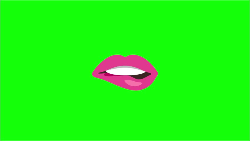 A flat vector illustration of a pair of bright pink cartoon lips, slightly parted to reveal white upper teeth and a glimpse of a dark interior mouth with a pink tongue highlight. The design features simple cel-shading and a clean, bold style typical of emojis or stickers. The graphic is centered against a solid, vibrant lime green chroma key background, isolated for easy keying. The aesthetic is playful, pop-art inspired, and suitable for use as a talking head overlay, animation element, or social media reaction sticker.