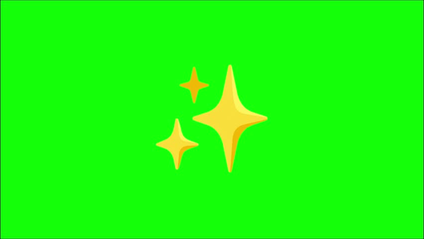 A flat vector illustration set against a solid, bright lime green chroma key background. The image features three stylized, four-pointed sparkle stars of varying sizes arranged diagonally. The largest star is at the bottom left, a medium star is at the top right, and a small star is at the top center. The stars have a simple geometric shape with a thin orange outline and a solid yellow-to-orange gradient fill, resembling a cartoon or emoji style. The design is clean, minimalist, and high-contrast, intended for use as a video overlay, magic effect, or decorative graphic element.