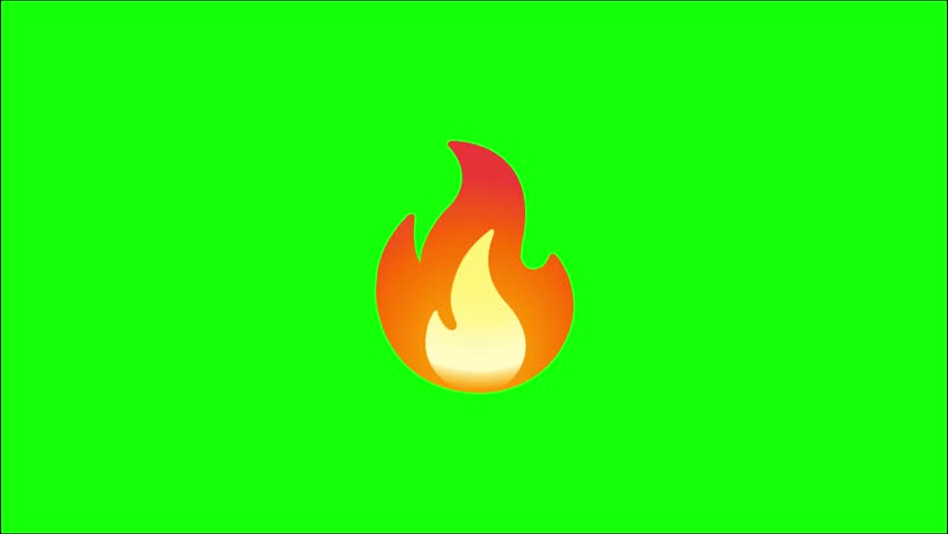 A high-quality flat vector illustration of a stylized fire emoji isolated against a solid, vibrant lime green chroma key background. The flame features a smooth gradient transitioning from a pale yellow core to bright orange and deep red at the tips, with rounded, organic curves and a glossy finish. The design is minimalist, bold, and iconic, resembling a popular social media sticker or reaction icon, perfect for overlaying on video content to signify something is "hot," trending, or exciting.