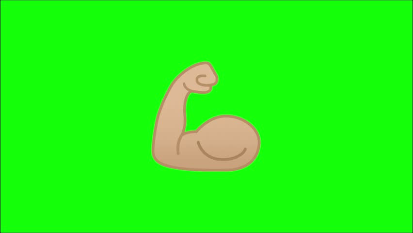 A high-quality digital vector illustration of a flexed bicep emoji set against a solid chroma key green background. The arm is depicted in a stylized, cartoonish manner with a light beige skin tone, a thick dark brown outline, and simple shading to create a rounded, 3D effect. The arm is bent at the elbow with the hand clenched into a fist, showcasing a large, exaggerated muscle. The design is flat, bold, and iconic, perfect for use as a video overlay, fitness graphic, or social media sticker.
