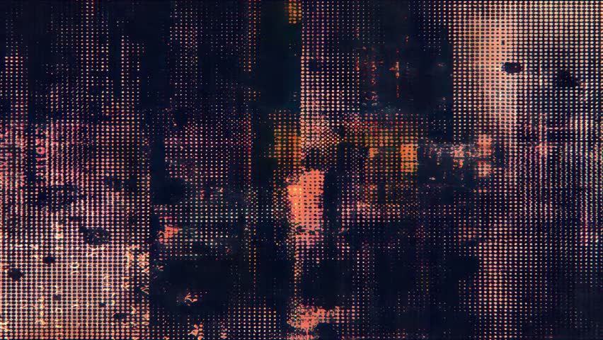 Glitched analog CRT screen texture with grid of pixelated micro dots, orange purple interference, damaged dirty surface, chaotic distorted signal, dark retro cyberpunk vibe