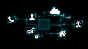 N F T network diagram connecting digital assets cloud services finance and communication icons glowing neon blue on black background blockchain technology concept - Powered by Shutterstock - Get 15% off with code: PIKWIZARD15